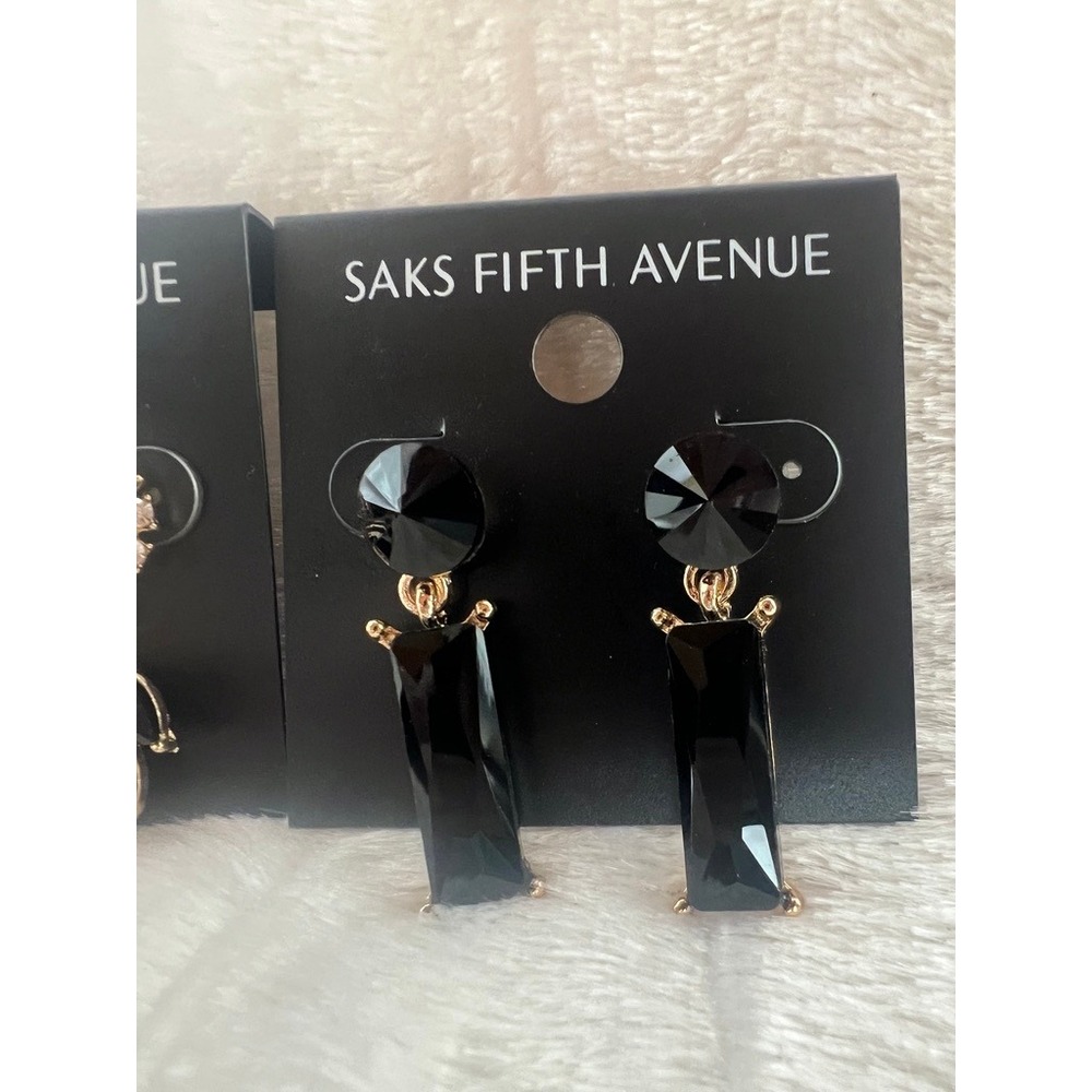 Saks Fifth Avenue Earrings 2 Pair Black Gold Crystal Rhinestone NWT Glam Evening - Picture 5 of 13
